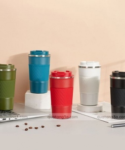 Cốc giữ nhiệt inox 304 nắp bật có đai silicon chống trượt | Cốc in logo quà tặng