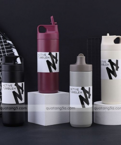 Bình nước thể thao inox 304 kèm nắp và ống hút in logo theo yêu cầu
