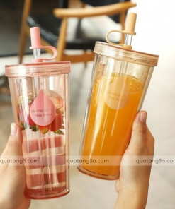Cốc nhựa 2 lớp kèm nắp và ống hút | Cốc in logo